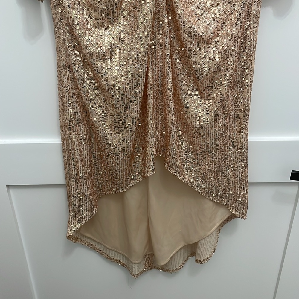 Mac Duggal Champagne Sequin High-Low Twist Front Gown - Picture 4 of 16